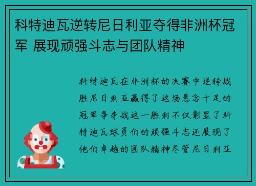 科特迪瓦逆转尼日利亚夺得非洲杯冠军 展现顽强斗志与团队精神